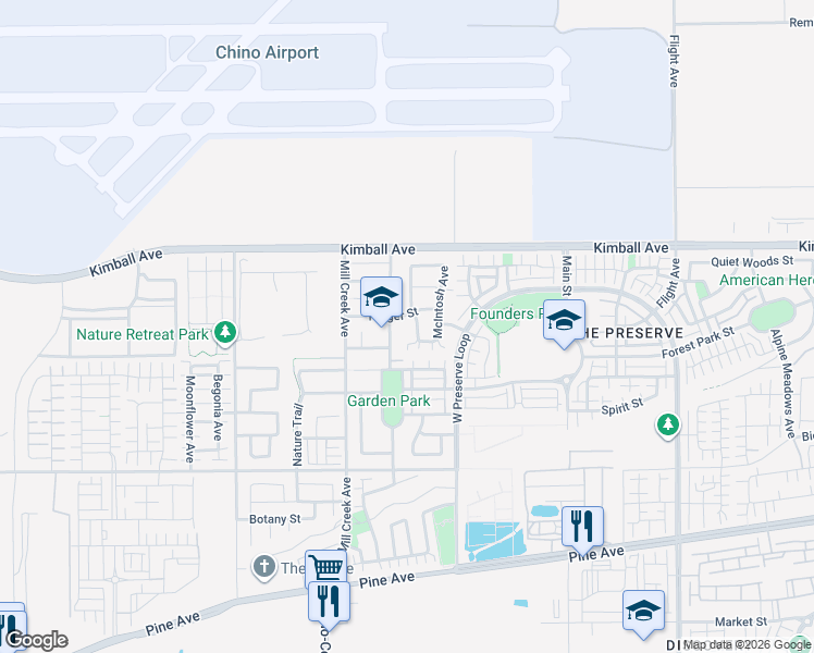 map of restaurants, bars, coffee shops, grocery stores, and more near 15821 Approach Avenue in Chino