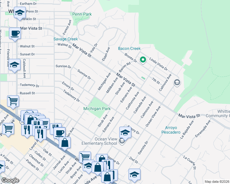 map of restaurants, bars, coffee shops, grocery stores, and more near 8158 Strub Avenue in Whittier