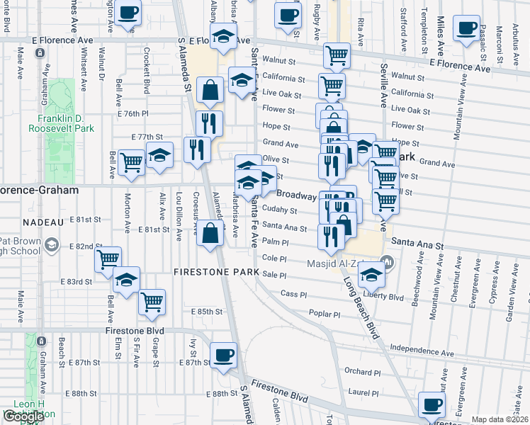 map of restaurants, bars, coffee shops, grocery stores, and more near 8008 Santa Fe Avenue in Huntington Park