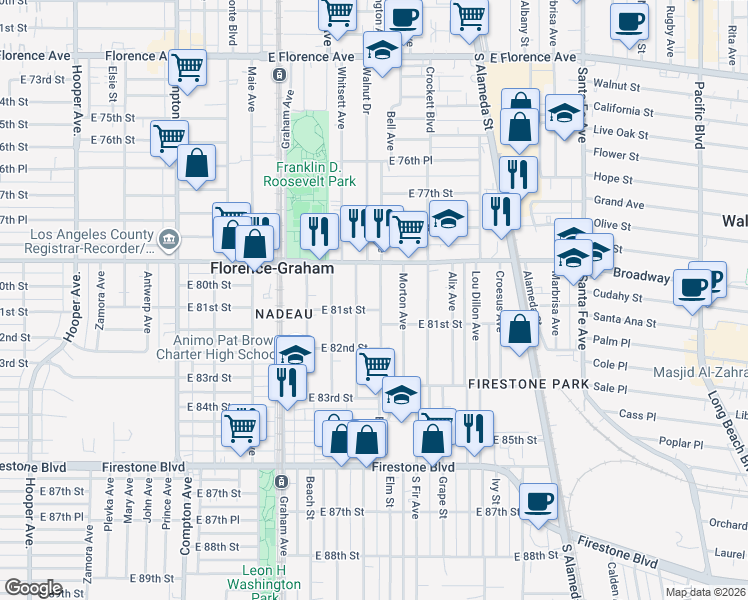 map of restaurants, bars, coffee shops, grocery stores, and more near in Florence-Graham