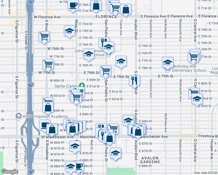 map of restaurants, bars, coffee shops, grocery stores, and more near 8010 San Pedro Street in Los Angeles
