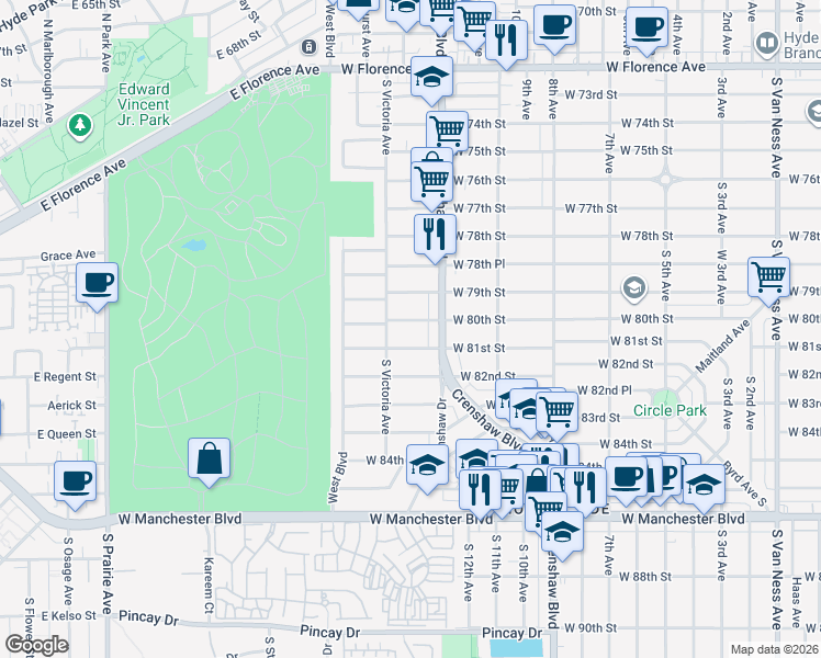 map of restaurants, bars, coffee shops, grocery stores, and more near 3426 West 80th Street in Inglewood