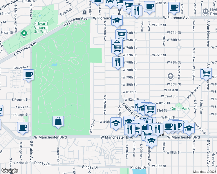 map of restaurants, bars, coffee shops, grocery stores, and more near 3426 West 80th Street in Inglewood