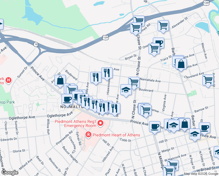 map of restaurants, bars, coffee shops, grocery stores, and more near 895 Boulevard in Athens