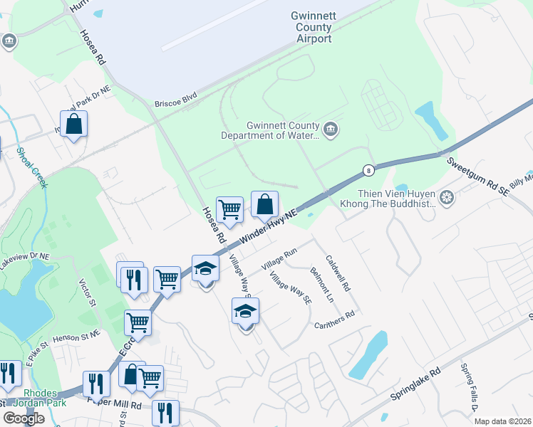 map of restaurants, bars, coffee shops, grocery stores, and more near 340 Timber Gate Court in Lawrenceville