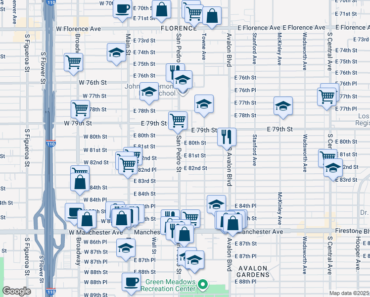 map of restaurants, bars, coffee shops, grocery stores, and more near 8010 San Pedro Street in Los Angeles