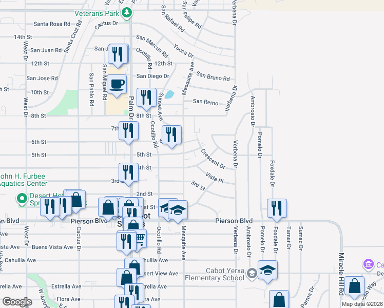 map of restaurants, bars, coffee shops, grocery stores, and more near 66811 5th Street in Desert Hot Springs
