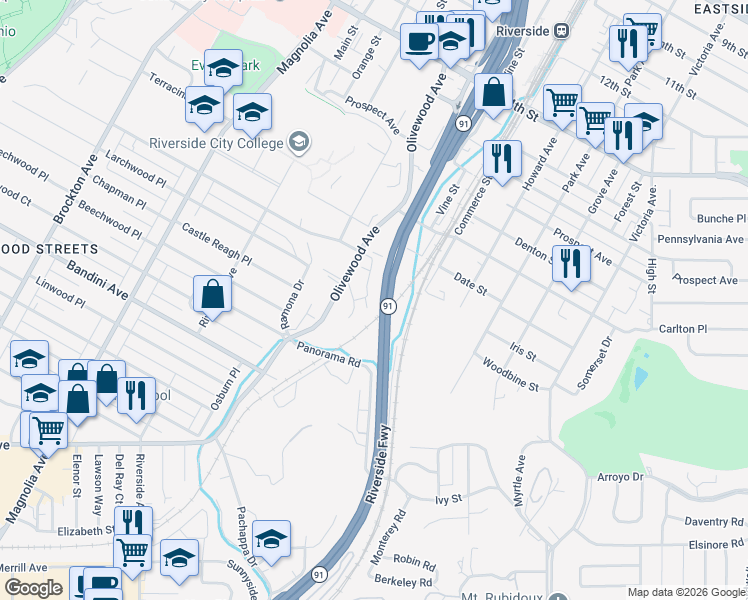 map of restaurants, bars, coffee shops, grocery stores, and more near 5030 Brooks Street in Riverside