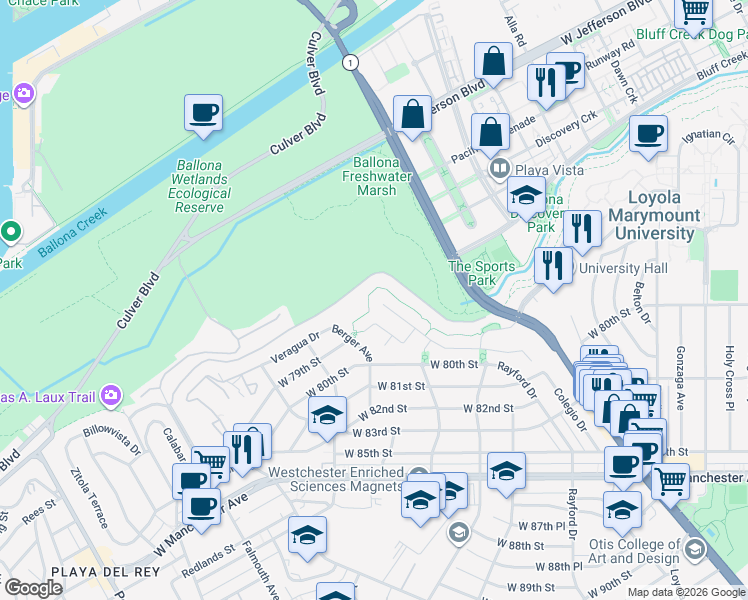 map of restaurants, bars, coffee shops, grocery stores, and more near 7599 West Coastal View Drive in Los Angeles
