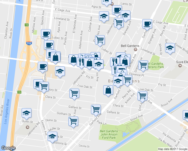 map of restaurants, bars, coffee shops, grocery stores, and more near 6059 Fry Street in Bell Gardens