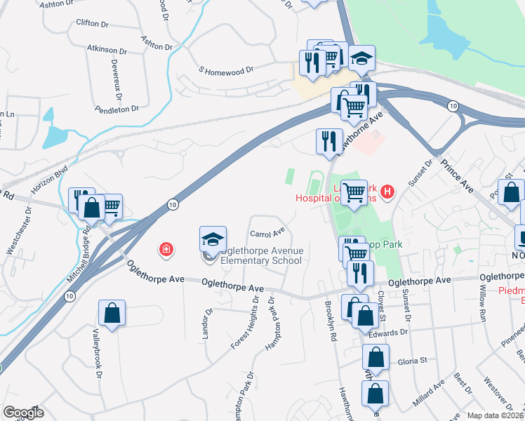 map of restaurants, bars, coffee shops, grocery stores, and more near 356 Knottingham Drive in Athens