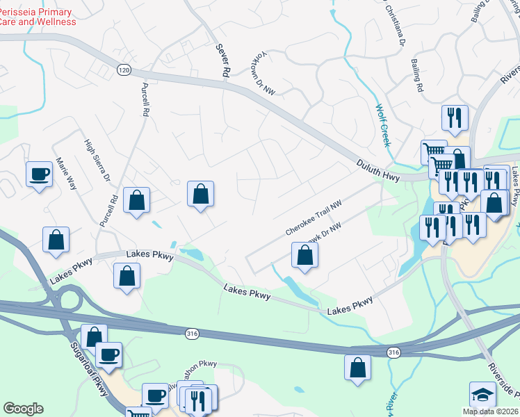 map of restaurants, bars, coffee shops, grocery stores, and more near 1481 Howard Way in Lawrenceville