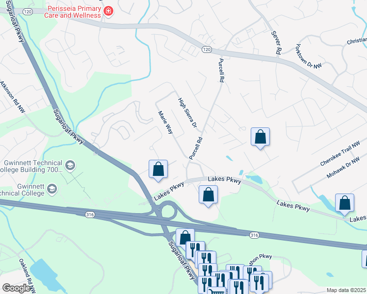 map of restaurants, bars, coffee shops, grocery stores, and more near 1842 Marie Way in Lawrenceville