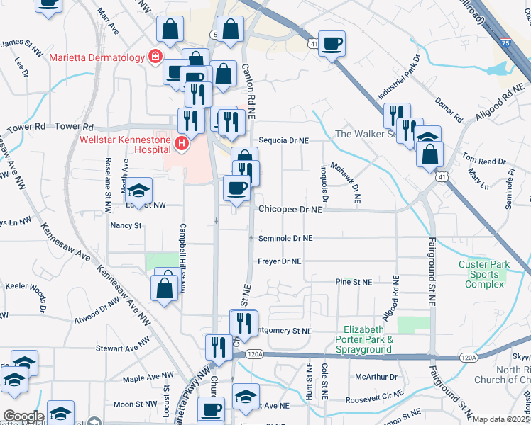 map of restaurants, bars, coffee shops, grocery stores, and more near 192 Chicopee Drive Northeast in Marietta