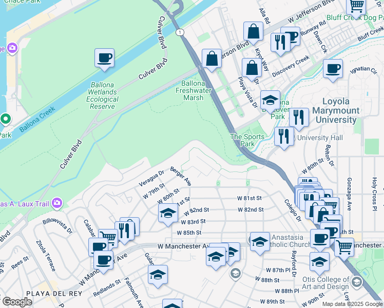 map of restaurants, bars, coffee shops, grocery stores, and more near 7599 West Coastal View Drive in Los Angeles