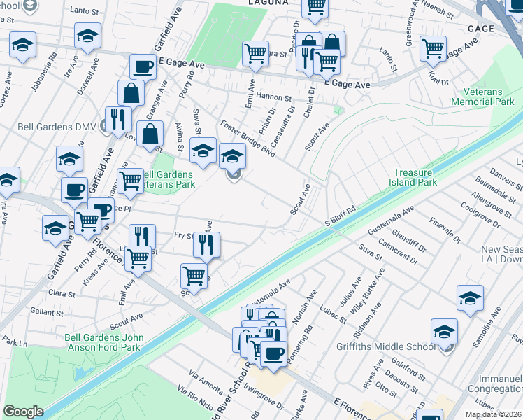 map of restaurants, bars, coffee shops, grocery stores, and more near 6844 Suva Street in Bell Gardens