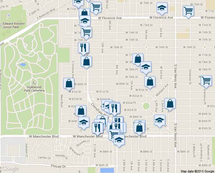 map of restaurants, bars, coffee shops, grocery stores, and more near 2 West 80th Street in Los Angeles