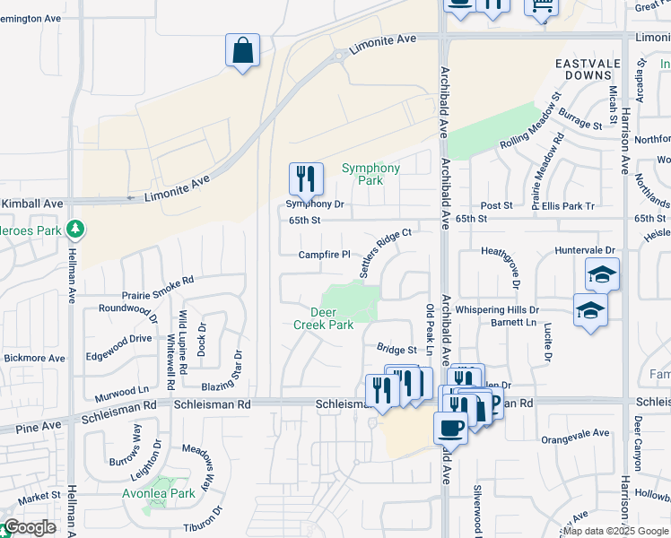 map of restaurants, bars, coffee shops, grocery stores, and more near 14440 Sleepy Creek Drive in Corona