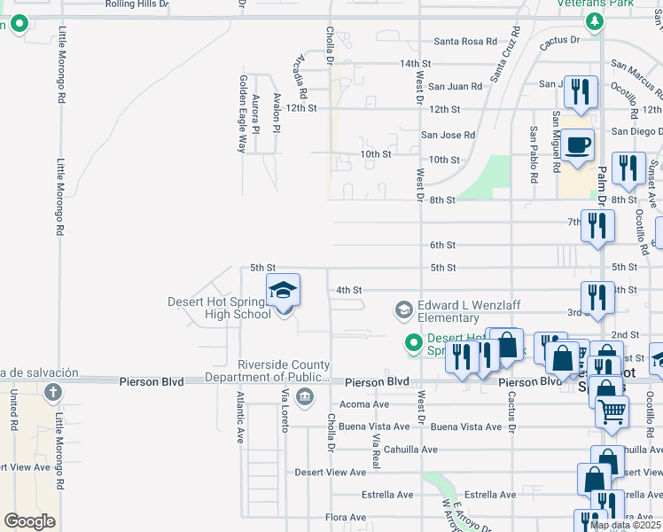 map of restaurants, bars, coffee shops, grocery stores, and more near 5th Street in Desert Hot Springs