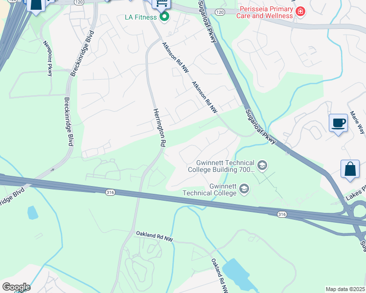 map of restaurants, bars, coffee shops, grocery stores, and more near 2350 Laurel Pointe Lane in Lawrenceville