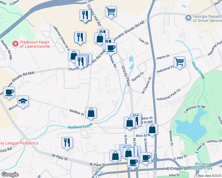 map of restaurants, bars, coffee shops, grocery stores, and more near 111 Northdale Place in Lawrenceville