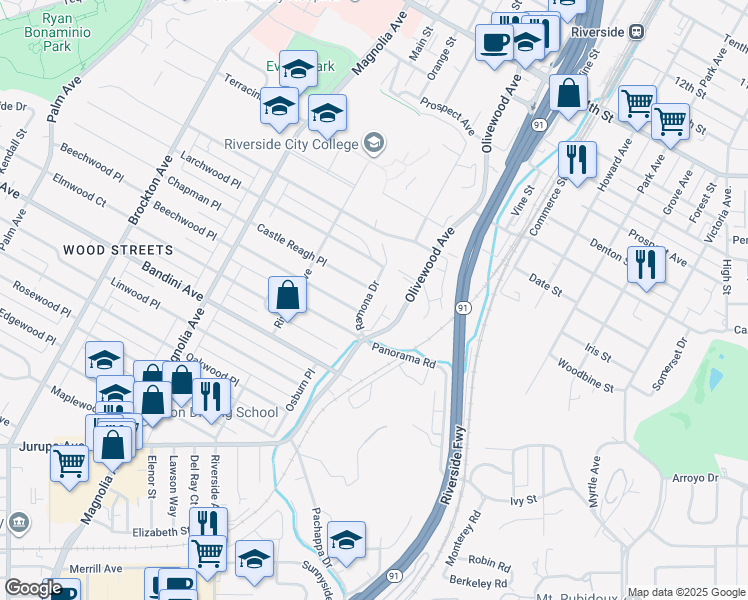 map of restaurants, bars, coffee shops, grocery stores, and more near 3445 Ramona Drive in Riverside