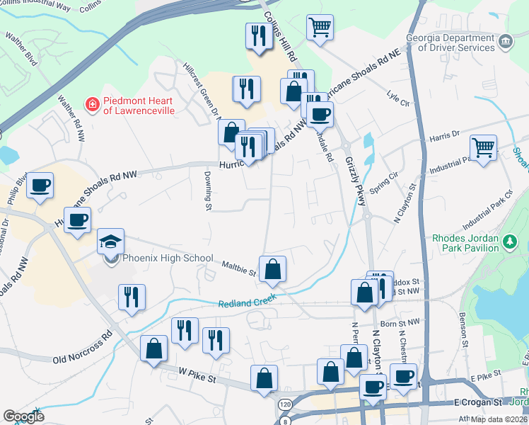 map of restaurants, bars, coffee shops, grocery stores, and more near 123 Curtis Road in Lawrenceville