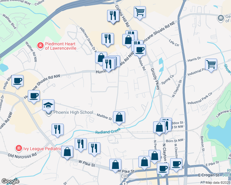map of restaurants, bars, coffee shops, grocery stores, and more near 123 Curtis Road in Lawrenceville