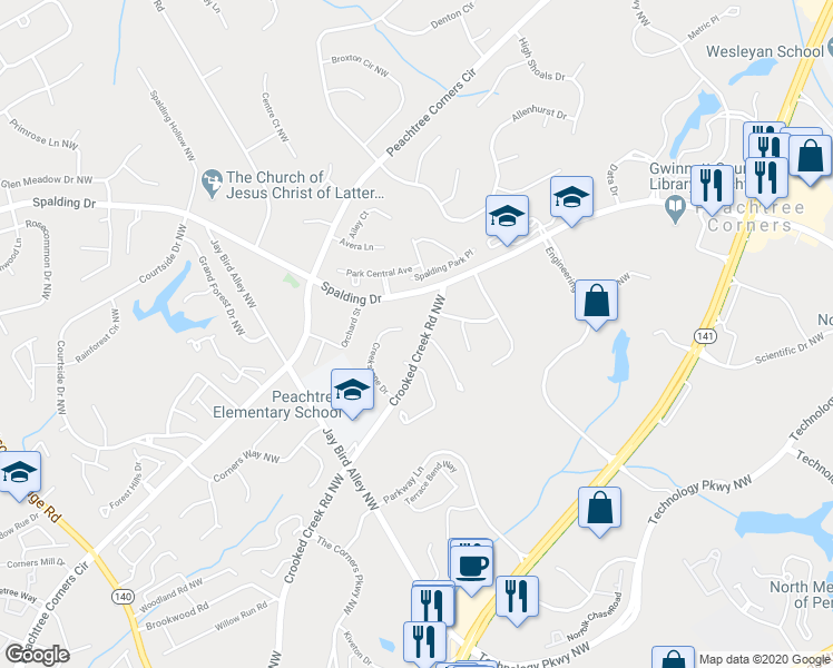 map of restaurants, bars, coffee shops, grocery stores, and more near 5835 Crooked Creek Road Northwest in Norcross