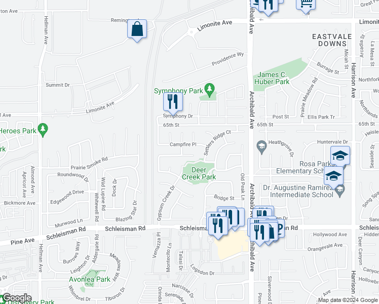 map of restaurants, bars, coffee shops, grocery stores, and more near 14440 Sleepy Creek Drive in Corona