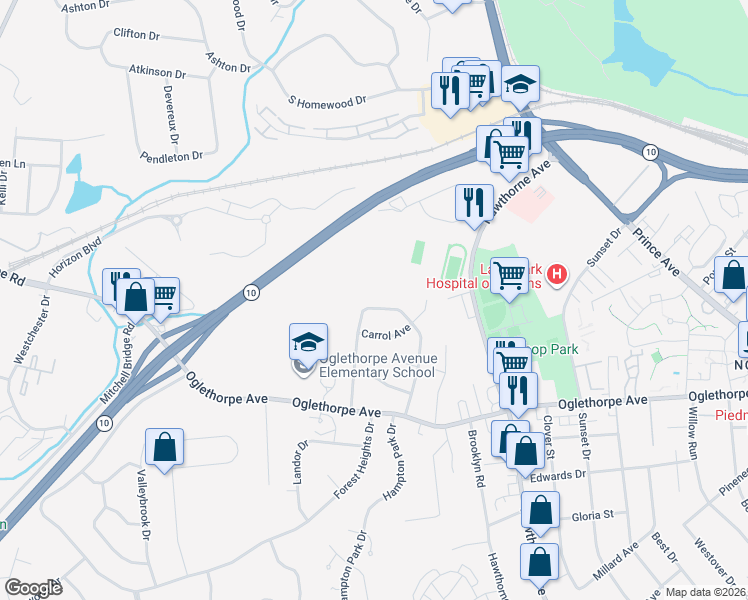 map of restaurants, bars, coffee shops, grocery stores, and more near 356 Knottingham Drive in Athens
