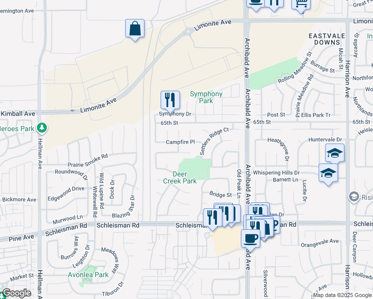 map of restaurants, bars, coffee shops, grocery stores, and more near 14452 Sleepy Creek Drive in Eastvale