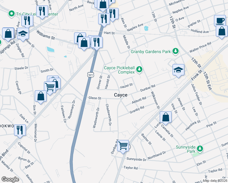 map of restaurants, bars, coffee shops, grocery stores, and more near 1222 Hazel Street in Cayce