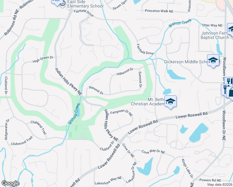 map of restaurants, bars, coffee shops, grocery stores, and more near Summit Drive in East Cobb