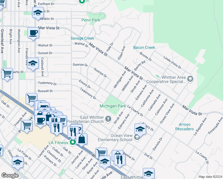 map of restaurants, bars, coffee shops, grocery stores, and more near 8147 Michigan Avenue in Whittier