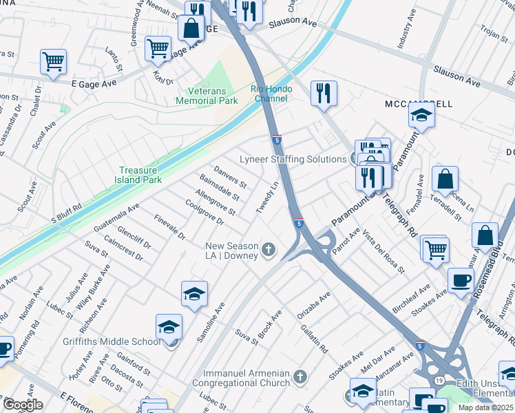 map of restaurants, bars, coffee shops, grocery stores, and more near 8827 Tweedy Lane in Downey
