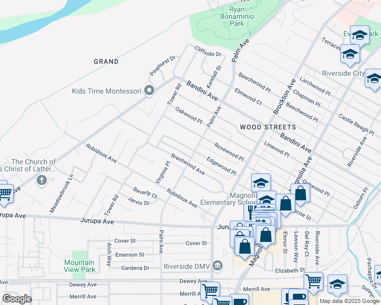 map of restaurants, bars, coffee shops, grocery stores, and more near 4533 Brentwood Avenue in Riverside