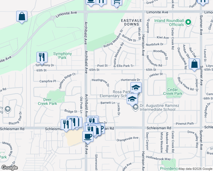 map of restaurants, bars, coffee shops, grocery stores, and more near 6721 Heathgrove Drive in Corona