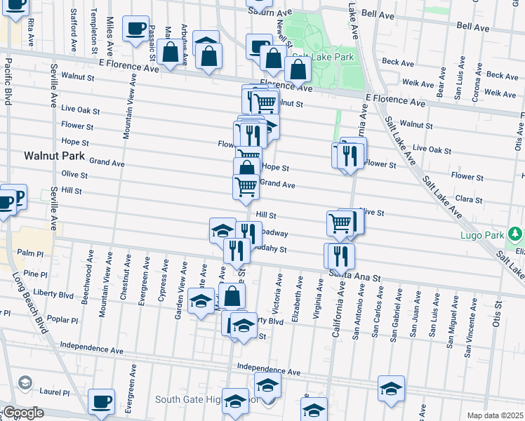 map of restaurants, bars, coffee shops, grocery stores, and more near 3309 Hill Street in Huntington Park