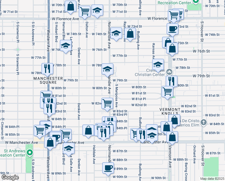 map of restaurants, bars, coffee shops, grocery stores, and more near 8011 Normandie Avenue in Los Angeles