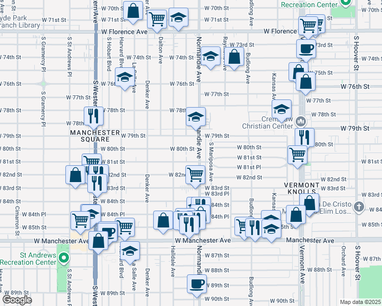 map of restaurants, bars, coffee shops, grocery stores, and more near 8011 Normandie Avenue in Los Angeles