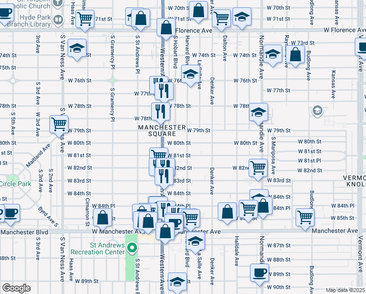 map of restaurants, bars, coffee shops, grocery stores, and more near 1652 West 80th Street in Los Angeles