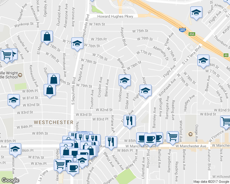 map of restaurants, bars, coffee shops, grocery stores, and more near 7911 Airlane Avenue in Los Angeles