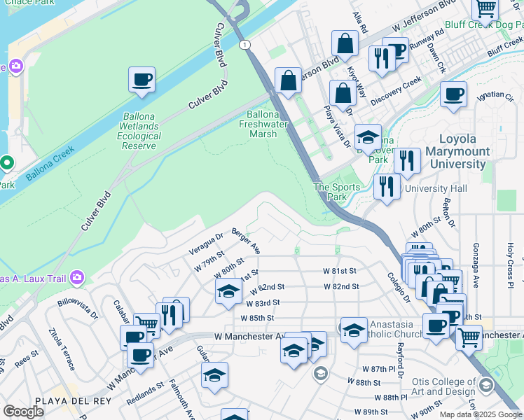 map of restaurants, bars, coffee shops, grocery stores, and more near 7599 West Coastal View Drive in Los Angeles