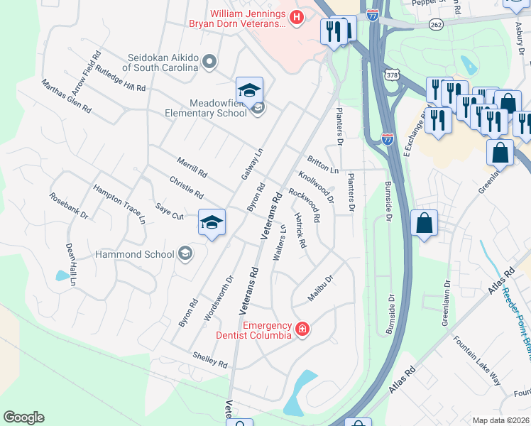map of restaurants, bars, coffee shops, grocery stores, and more near 700 Walters Lane in Columbia