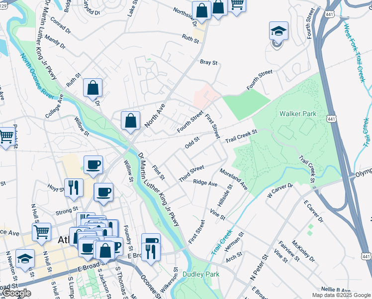 map of restaurants, bars, coffee shops, grocery stores, and more near 260 Griffeth Street in Athens