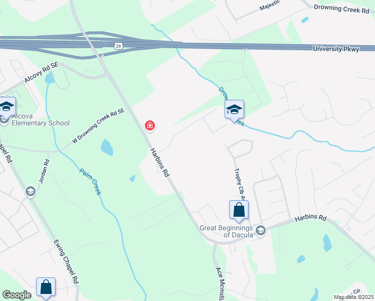 map of restaurants, bars, coffee shops, grocery stores, and more near 1042 Harbins Road in Dacula