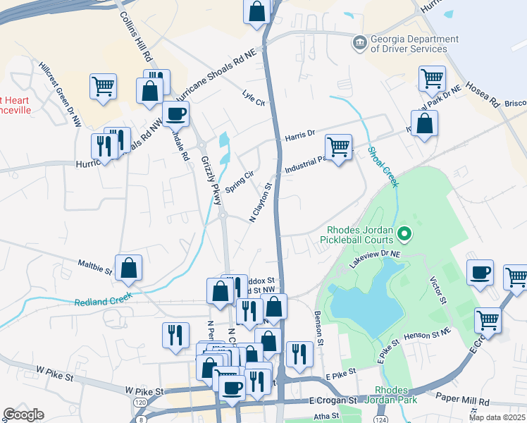 map of restaurants, bars, coffee shops, grocery stores, and more near 888 North Clayton Street in Lawrenceville