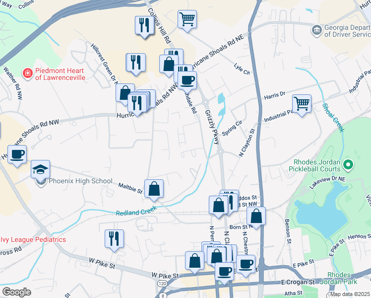 map of restaurants, bars, coffee shops, grocery stores, and more near 131 Northdale Place in Lawrenceville