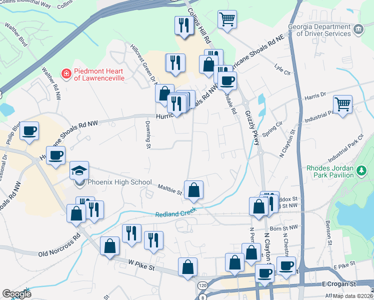 map of restaurants, bars, coffee shops, grocery stores, and more near 123 Curtis Road in Lawrenceville
